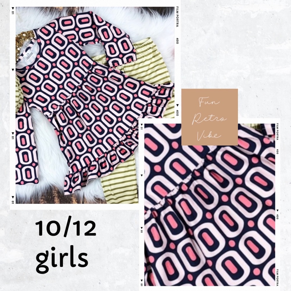 Girls 10/12 retro vibe coordinating pant set in greens and purples.